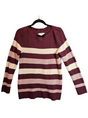 Market & Spruce Maroon Cream Striped Sweater Womens L office casual Long Sleeves